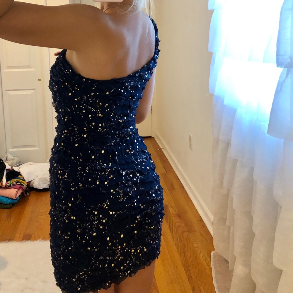 dark blue ruffled dress with gold splatters - Picture 2 of 2